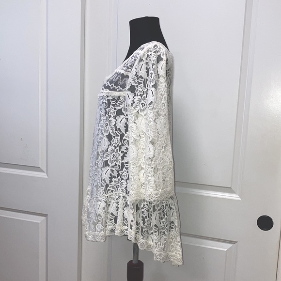NEW FREE PEOPLE Sheer Lace White Peasant Tunic Blouse Sexy Babydoll Hi-Low Top S - Picture 2 of 13